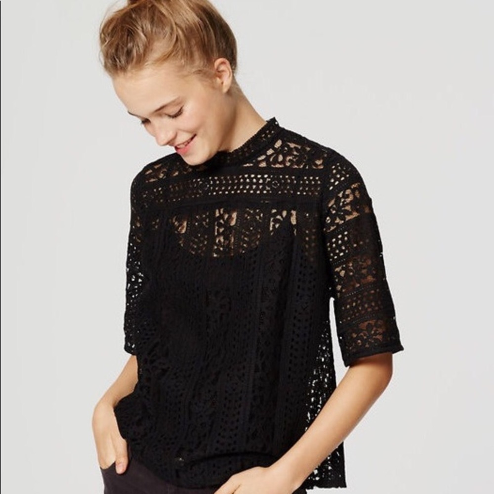 Loft Mockneck Striped Lace Top